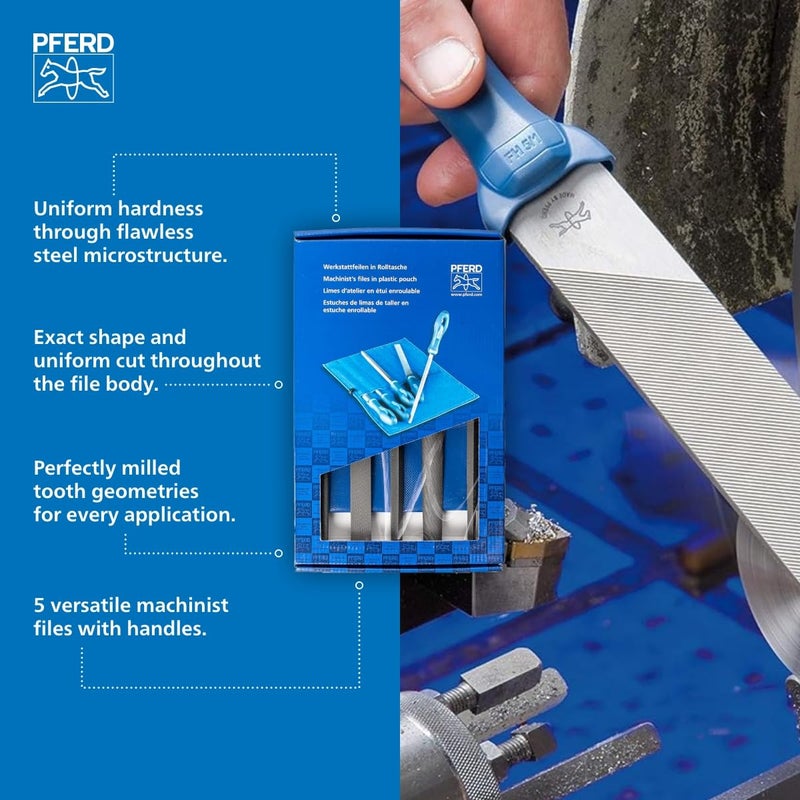 PFERD 10" Machinist File Set, 5-Piece â€“ American Pattern, WRU 541 Type â€“ Second Cut for Efficient Stock Removal â€“ with Ergonomic Handles & Plastic Pouch â€“ Part #16080 - Image 3